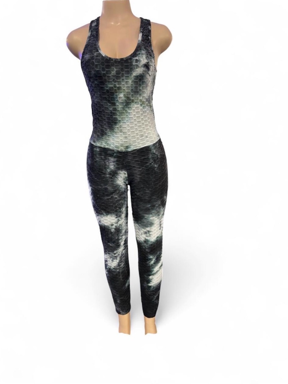 Honeycomb Scoop-Back Jumpsuit in Black & White Tie-Dye